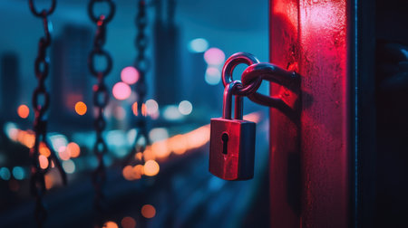 A captivating night scene showcasing the vibrant atmosphere of Bangkok's MRT Pink Line. The close-up of a padlock against a blurred city backdrop creates an intriguing contrast.の素材