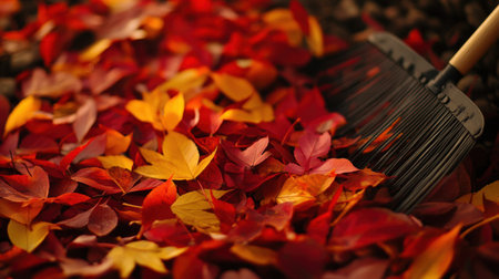 A close-up view of a rake moving through a vibrant pile of red and yellow autumn leaves, capturing the essence of fall and outdoor gardening activities.の素材