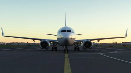 A sleek airliner stands ready for departure on the runway at sunset. The airport backdrop and vibrant colors create a serene travel atmosphere, perfect for aviation themes.の素材