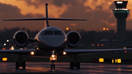 Close-up of a jet airliner on the runway during sunset, showcasing its sleek design against a dramatic sky and illuminated airport tower.の素材