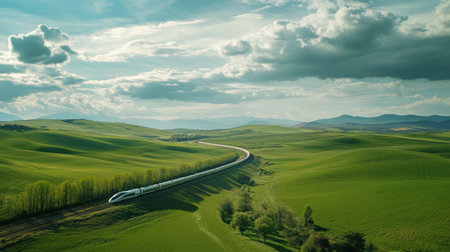 A dynamic train glides through a lush green landscape, framed by rolling hills and dramatic clouds. This scenic view captures the essence of travel and nature.の素材