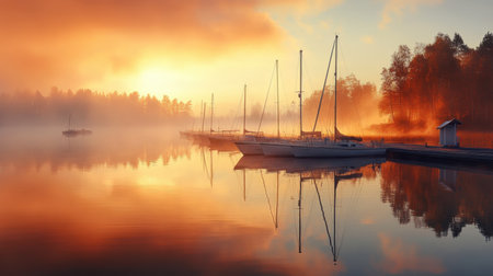 A tranquil sunrise view of a Finnish marina, featuring sailboats reflected in calm waters under a soft fog. This serene setting captures the beauty of nature, inviting a sense of peace and wonder.の素材