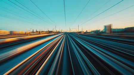 A dynamic view of a high-speed train gliding at rapid pace, showcasing vibrant streaks of motion across a picturesque landscape during twilight hours.の素材