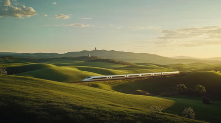 A high-speed train gracefully passes through a vibrant green landscape under a beautiful sunset, capturing the essence of modern travel in nature.の素材