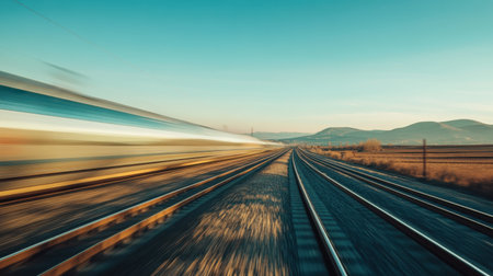 A high-speed train glides smoothly along the tracks, showcasing a dynamic journey through a picturesque landscape. The blurred motion captures the energy of modern transport against a stunning backdrop.の素材