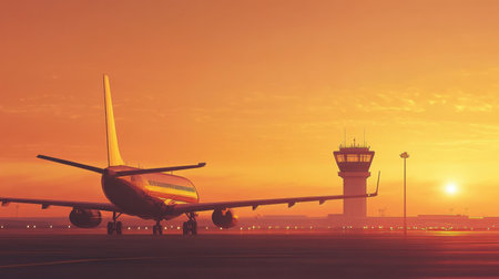 A commercial airplane prepares for takeoff at an airport during a stunning sunset. The warm colors illuminate the scene, creating a serene atmosphere perfect for travel enthusiasts.の素材