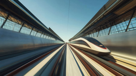 Experience the thrill of a high-speed train gliding smoothly along a modern railway. This dynamic view captures the essence of rapid transit technology in an urban landscape.の素材