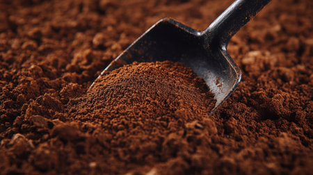 This close-up image features a shovel breaking into rich, dark soil, showcasing the texture and depth of the earth. Ideal for agricultural and gardening themes.の素材