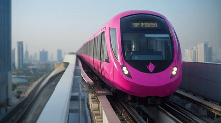 A pink elevated train approaches on a modern urban rail line, showcasing sleek design and technology against a city skyline. Ideal for transport themes.の素材