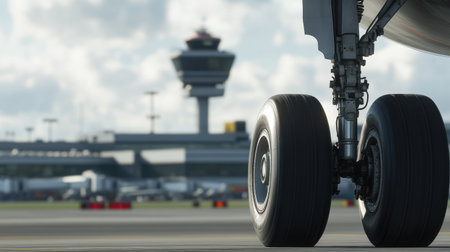 This close-up image showcases airplane wheels during takeoff, emphasizing the intricate design of landing gear against a busy airport backdrop.の素材