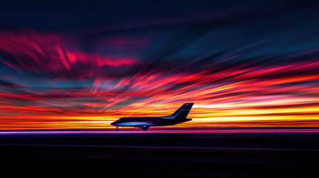A striking silhouette of an airplane on a runway against a vibrant sunset sky. The dynamic colors and lights create an atmospheric scene for aviation lovers.の素材