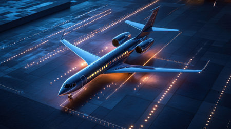 This stunning 3D rendering features an airplane positioned on an airport runway at night, illuminated by runway lights, showcasing modern aviation technology and design.の素材
