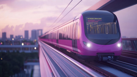 A striking pink MRT train glides smoothly on elevated tracks during sunset, showcasing modern urban transport against a vibrant city skyline.の素材