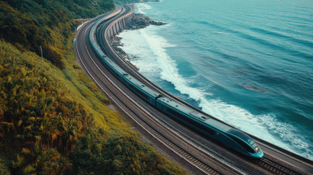 A sleek train speeds along a scenic coastal railway, surrounded by beautiful nature and waves. This captivating view showcases modern transportation in harmony with landscapes.の素材