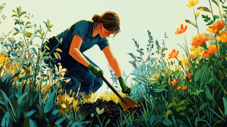 A gardener diligently digs into the rich soil during spring, surrounded by vibrant flowers and fresh greenery, embodying the essence of nurturing nature.の素材