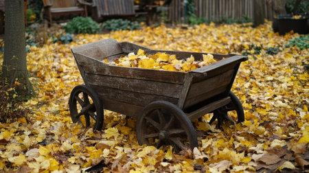 This rustic wooden cart is filled with vibrant yellow leaves, set in a tranquil garden scene. Perfect for capturing the essence of autumn in nature.の素材