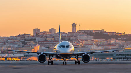 A striking airliner caught at Lisbon Airport during a stunning sunset, showcasing the aircraft against a vibrant city skyline, embodying modern travel and aviation.の素材