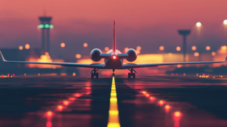 A luxurious private jet is poised on the runway at dusk, highlighted by soft evening lights. This captivating scene embodies elegance and exclusivity in air travel.の素材