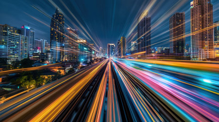 Experience a vibrant dynamic view of Bangkok's MRT Pink Line train in motion, showcasing the city's colorful lights and urban landscape at night.の素材