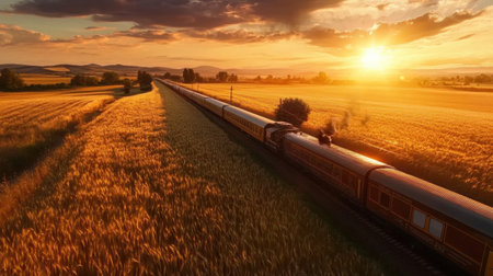 Experience the beauty of a train cruising through golden fields at sunset, showcasing the harmony of nature and travel in a picturesque landscape.の素材