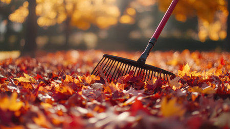 A close-up view of a rake moving through a vibrant pile of red and orange autumn leaves, capturing the beauty and tranquility of the fall season.の素材