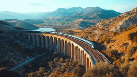 A stunning train travels through beautiful landscapes, showcasing a viaduct that curves gracefully across hills and valleys. Perfect for travel and nature themes.の素材