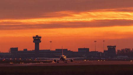 A commercial airplane poised on the runway as dusk descends, illuminated by airport lights with a backdrop of a vibrant sunset and control tower in view.の素材