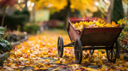 A serene autumn garden scene features a rustic cart filled with colorful leaves, creating a beautiful and tranquil atmosphere perfect for seasonal cleanup and appreciation.の素材