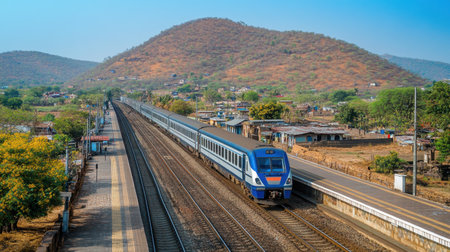 A vibrant train speeds into a rural station, surrounded by scenic hills and greenery. This image captures the essence of travel and adventure in nature.の素材