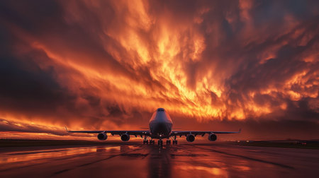 A striking image of a passenger plane sitting on the runway under a dramatic, fiery sunset sky, showcasing the beauty of air travel and evening skies.の素材