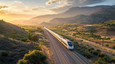 Capture a stunning panoramic view of an AVE train speeding through a picturesque landscape at sunset, showcasing the beauty of travel and nature.の素材