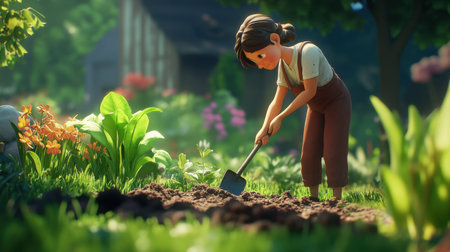 A farmer works diligently, digging soil with a shovel in a vibrant spring garden, surrounded by flowers and greenery, showcasing the essence of nurturing growth.の素材