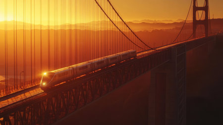 A high-speed train elegantly crosses a bridge during a stunning sunset, showcasing the beauty of modern travel and engineering against a vibrant sky.の素材