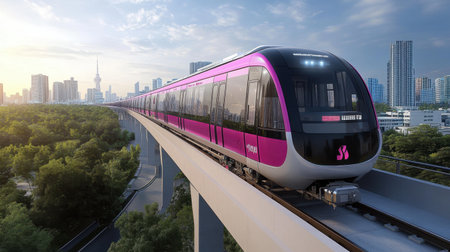 Capture the essence of modern transportation with this panoramic view of the MRT Pink Line train gliding through a vibrant urban landscape under clear daylight.の素材