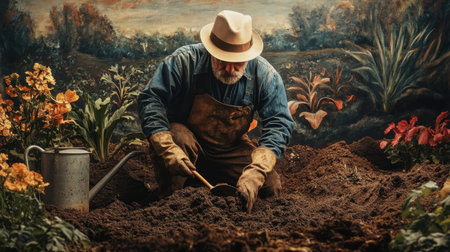 A dedicated farmer focuses on breaking up hard soil in a vibrant garden, preparing the earth for planting colorful flowers and healthy crops.の素材
