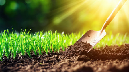 A farmer uses a shovel to dig into rich soil, surrounded by fresh grass under warm sunlight, representing hard work and connection to nature.の素材