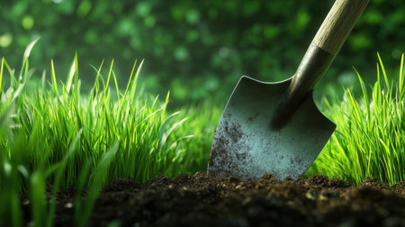 A farmer digs into fertile soil with a shovel, preparing the earth for planting. The vibrant green grass surrounds the scene, symbolizing growth and vitality.の素材