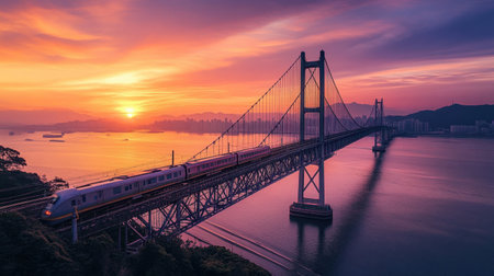 A high-speed train crosses a stunning bridge at sunset, reflecting vibrant colors in the calm water below. A breathtaking scene of modern travel.の素材