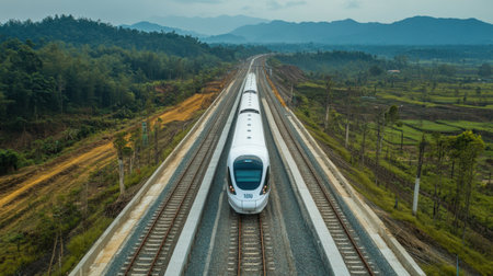A sleek EMU train travels through a picturesque landscape at Tegall station, surrounded by lush greenery and distant mountains, showcasing modern transportation.の素材