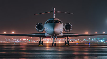 A sleek jet airliner sits on the tarmac at night, illuminated by surrounding lights, ready for takeoff. Ideal for showcasing aviation themes and travel.の素材