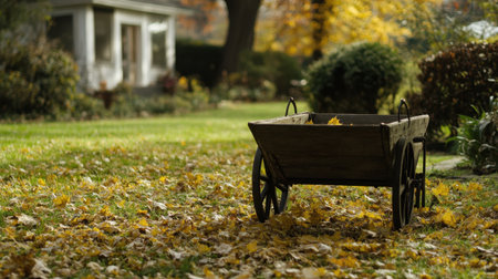 A tranquil garden scene featuring a wooden cart sitting quietly on a lawn scattered with autumn leaves. The peaceful atmosphere invites relaxation and appreciation of nature's beauty.の素材