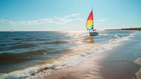 A vibrant sailboat races on the picturesque Baltic Sea, capturing the essence of summer leisure and outdoor adventure against a bright blue sky.の素材
