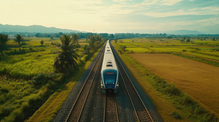 An EMU train journeys through a stunning rural landscape, showcasing vibrant fields and mountains in the distance. A perfect blend of nature and modern transportation.の素材