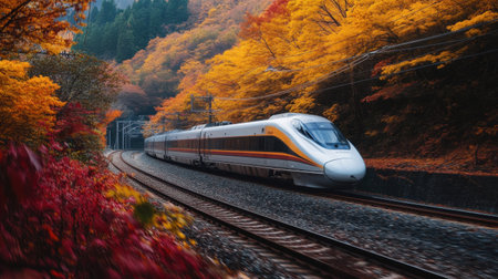A sleek train swiftly passes through a vibrant autumn landscape, showcasing a blend of warm colors in nature. The scene captures motion and tranquility in travel.の素材