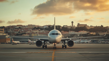 An airplane stands on the runway at Lisbon Airport, bathed in the warm glow of sunset. The vibrant city skyline provides a stunning backdrop for aviation enthusiasts.の素材