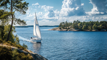 Enjoy a picturesque scene featuring a sailboat with its spinnaker billowing gracefully on calm waters, surrounded by lush greenery and serene clouds.の素材
