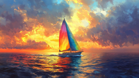 Experience a romantic getaway at sea with a vibrant sailboat gliding through the water during a stunning sunset, creating a perfect atmosphere for adventure and relaxation.の素材
