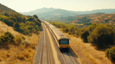 A commuter train in motion passes through a stunning landscape, surrounded by hills and greenery. Perfect for travel and transport themes.の素材