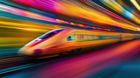 A captivating image of a high-speed train in motion, surrounded by a vibrant, colorful background that enhances the sense of speed and energy in travel.の素材