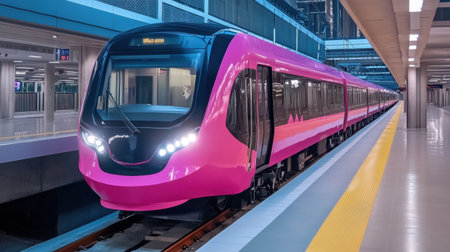 A sleek pink train awaits passengers at an elevated station platform, showcasing modern design and efficient urban transportation in a vibrant city setting.の素材